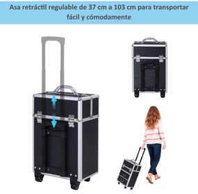 HOMCOM Estojo de maquiagem portátil Estojo profissional de cosméticos com 6 gavetas extensíveis, fechadura, rodas e alça retrátil 36x23x58 cm preta