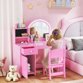 Toucador de Maquilhagem Infantil com Banquinho e Espelho com Luzes LED 1 Gaveta Armário e 5 Prateleiras Rosa