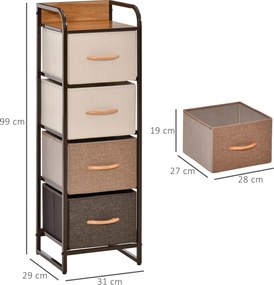 Cómoda de Tecido com 4 Cestos Removíveis e Dobráveis Base Elevada Móvel de Armazenamento para Dormitório Sala de Estar 31x29x99cm Multicor