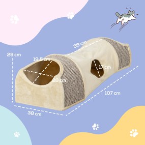 Túnel para gatos, brinquedo para gatos, com 2 compartimentos abertos em sisal, aberturas, para interior, 107 x 38 x 29 cm, bege