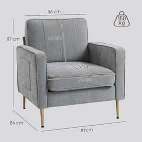 Poltrona em tecido com pés em aço dourado, muito confortável, com bolsos laterais, para sala de estar, escritório, quarto, cinzenta