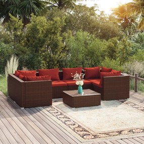 vidaXL 7 pcs conjunto lounge jardim c/ almofadões vime PE castanho