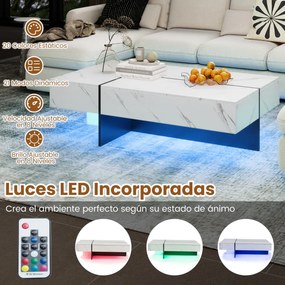 Mesa de centro  120 x 70 x 35 cm moderna com LED com 3 gavetas de arrumação, para sala de estar, branca