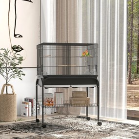 Gaiola grande para pássaros com rodas, ideal para cacatuas, periquitos, canários e papagaios – 85 x 49 x 119 cm, preta