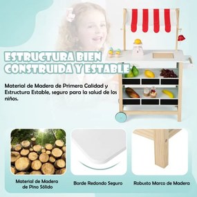 Carrinho de gelados de madeira para crianças Brinquedo de supermercado com 6 gelados Balança Banca de mercado para crianças com mais de 3 anos