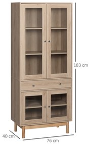 HOMCOM Armário de Cozinha Móvel Auxiliar de Cozinha com 1 Gaveta 4 Portas de Vidro Prateleiras Ajustáveis e Pés Elevados para Sala de Jantar Sala de Estar Anti-Tombamento 76x40x183cm Carvalho