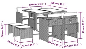 9 pcs conjunto de jantar p/ jardim c/ almofadões vime PE preto