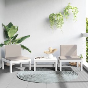 3 pcs conjunto lounge de jardim com almofadões PP branco