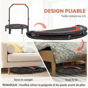 Trampolim de fitness e ginástica com pega ajustável, dobrável, 6 pés, 28 molas, Ø 102 cm, preto e vermelho
