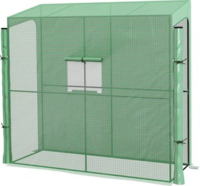 Estufa de jardim encostada à parede para cultivo de tomate 200 x 80 x 200/180 A cm, com 2 portas enroláveis com fecho de correr, 1 janela, verde