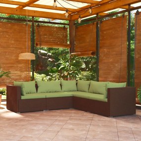 vidaXL 5 pcs conjunto lounge jardim c/ almofadões vime PE castanho