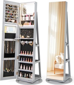 Armário giratório para joias 360° com espelho de corpo inteiro e luzes LED de 3 cores com fechadura Organizador de joias Cinzento