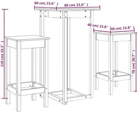 3 pcs conjunto de bar pinho maciço