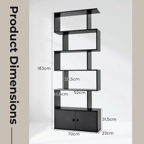 Estante em forma de S com 6 níveis e portas 70 cm x 23 cm x 183 cm Design moderno e versátil para organizar e decorar a sala, o quarto ou o escritório