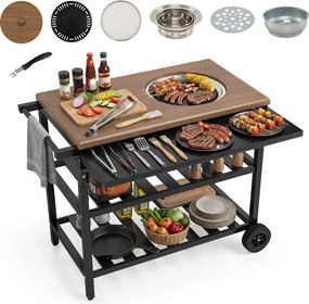 Carrinho de Barbecue com Grelha, 94,5 x 75 x 78,5 cm, Dupla Superfície de Confeção, Castanho + Preto