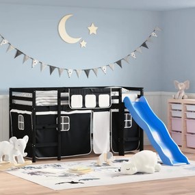 vidaXL Cama alta criança c/ cortina 90x190cm pinho maciço branco/preto