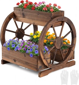 Floreira de plantio rústica em madeira 61,5 x 55 x 62 cm, canteiro elevado de 2 níveis com 3 compartimentos de cultivo e orifícios de drenagem Castanh