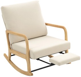 Poltrona Baloiço com Encosto Ajustável de Veludo Cotelê Nórdica Pés de Madeira Braços Almofada Lombar 70x89x97,5 cm Creme