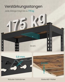 Estante para cargas pesadas com 5 prateleiras 30 x 75 x 150 cm preto e castanho vintage