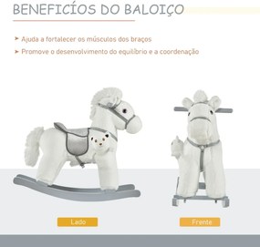 Cavalo Baloiço para Crianças de 18-36 Meses Cavalo de Balançar com Ursinho de Pelúcia Sons de Relinchos e Galopes base de Madeira 65x26x55cm Branco