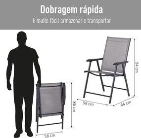 Conjunto de 2 cadeiras dobráveis Com apoio de braços para varanda Jardim Terraço Carga 100kg 58x64x94 cm Cinza