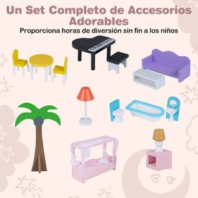 Casa de bonecas de madeira 102 x 34 x 120,5 cm com 3 andares para crianças a partir de 3 anos, com varanda, jardim, 16 acessórios, móveis, rosa