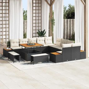 Conjunto de Sofa de Jardim de 13 Peças com Almofadas Preto Polirattan Acácia