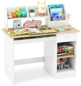 Mesa de estudo para crianças em madeira para computador com tabuleiro para teclado Estantes com gavetas 90 x 45 x 90 cm Natural+Branco