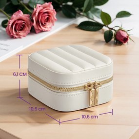 Caixa portátil para joias com espelho, couro PU 10,6 x 10,6 x 6,1 cm branco