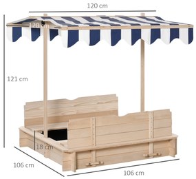 Caixa de areia de madeira para crianças acima de 3 anos com banco telhado toldo ajustável removível 106x106x121 cm Carga 150 kg Cor de madeira natural