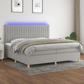 Cama box spring c/ colchão e LED 200x200 cm tecido cinza-claro