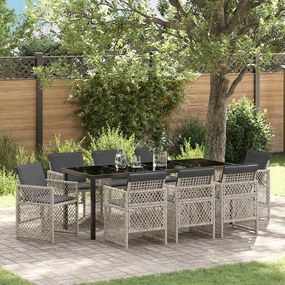 vidaXL Conjunto de Jantar para Jardim com 9 Peças e Almofadas Cinza Claro Rattan Poliéster