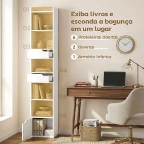 Estante para Livros com 2 Gavetas e Porta Estante Estreita com 6 Prateleiras Abertas 32x24x181,5 cm Branco