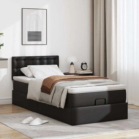 Estrutura de cama otomana com colchão preto couro falso