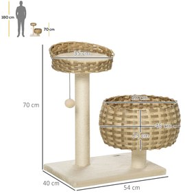 Árvore para Gatos Médios com Cama Superior Cesto de Vime Sintético com Almofadas Postes Arranhadores de Sisal Natural e Bola Suspensa de Brinquedo 54x