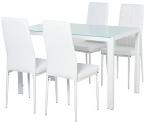 HOMCOM Conjunto de Refeição com Mesa Retangular de Vidro Temperado e 4 Cadeiras Estofadas em PU com Pés de Metal Branco