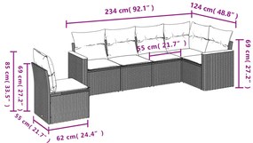6 pcs conjunto sofás de jardim com almofadões vime cinzento