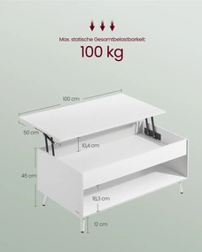 Mesa de centro 50 x 100 x 45/58,5 cm com tampo ajustável e compartimento oculto, branca