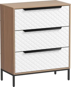 Cómoda com 3 Gavetas de Tecido Frentes com Padrão de Diamante 59,5x30x73,5 cm Móvel de Arrumação Madeira e Branco