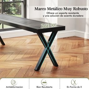 Banco de metal para jardim para 2 pessoas com assento de ripas e pernas X 138 x 36 x 46 cm Preto