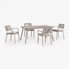Conjunto De Mesa Retangular 160x90 Cm E 4 Cadeiras De Jantar Empilháveis Em Corda Trançada Arhiza Moka Brown - Sklum