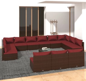 vidaXL 14 pcs conjunto lounge jardim c/ almofadões vime PE castanho