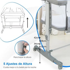 Berço para crianças 3 em 1 com 5 níveis de altura ajustável e 10° de inclinação Colchão respirável Saco de bebé cinzento claro