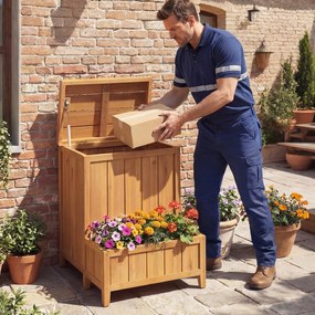 Caixa grande de armazenamento 57 x 52,5 x 70 cm com Floreira em madeira maciça para exterior, com tampa rebatível e pés elevados, para ferramentas de