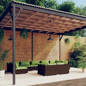 vidaXL 9 pcs conjunto lounge de jardim c/ almofadões vime PE castanho