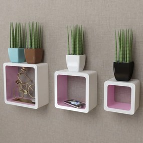 Conjunto 3 prateleiras de parede, cubos, MDF, branco-cor de rosa