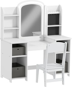 AIYAPLAY Penteadeira Infantil com Espelho LED, Cadeira, Gavetas em Tecido, Ganchos para Joias e Prateleiras, 3-8 Anos, Branco | Aosom Portugal