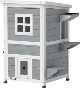 PawHut Casinha para gatos de madeira 2 andares resistente ao inverno à prova d'água com telhado de asfalto escadas janela toca para gatos abrigo exterior para jardim varanda 51 x 51 x 81,3 cm Cinza claro | Aosom Portugal