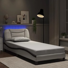 Estrutura cama c/ luzes LED 90x190 cm couro artif. branco/preto