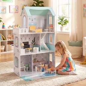 Casa de bonecas de madeira 74,5 x 34 x 120,5 cm com 18 peças de mobiliário e escada verde